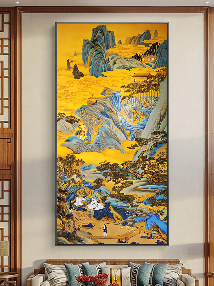 新中式掐丝珐琅彩工艺画入户玄关装饰画竖版仙境风景客厅别墅挂画