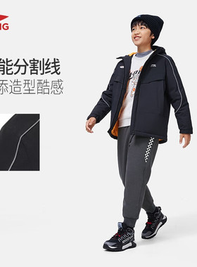 李宁童装棉服男小大童2023冬季反光连帽中棉服外套YFMT023