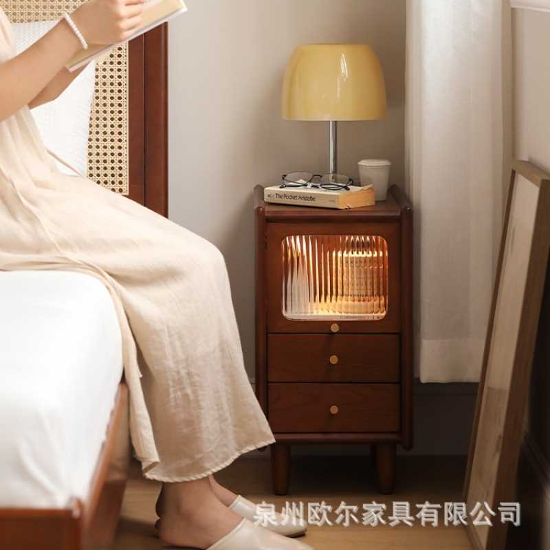 北欧中古实木床头柜家用小户型客厅沙发抽屉柜卧室超窄收纳床边柜