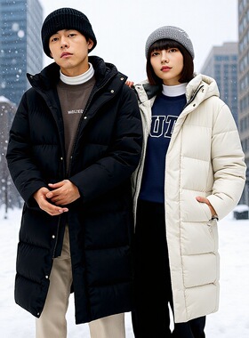 90绒冬季新款羽绒服男过膝长款情侣装潮牌纯色白鸭绒男女同款外套