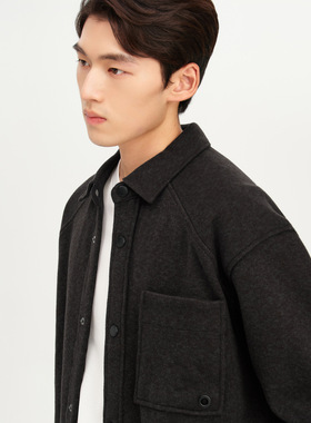 2005含羊毛黑色针织衬衫式翻领外套男2025冬新款外穿衬衣夹克