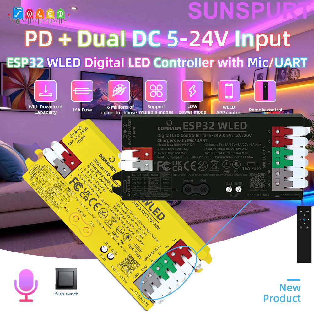 ESP32 WLED灯条控制器麦克风下载音乐PD供电动态模式四路幻彩灯带