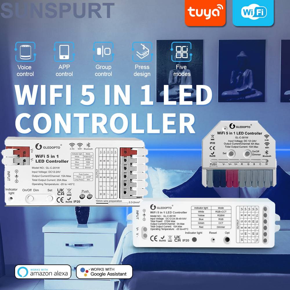 WLED Matter涂鸦WiFi+2.4G五合一灯带控制器简易接线Zigbee可控硅