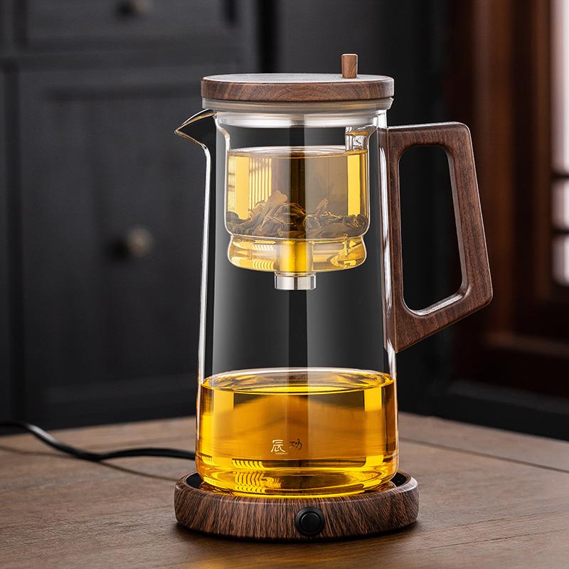 飘逸杯全玻璃内胆家用胡桃木把手带盖泡茶壶茶水分离杯大容量1升