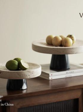 梵其侘寂风创意洞石圆形实木底托 托盘摆件简约客厅茶几餐桌果盘