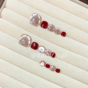 脚趾甲美甲贴片14片 显白脚甲猫眼手工穿戴甲网红爆款 红色波点