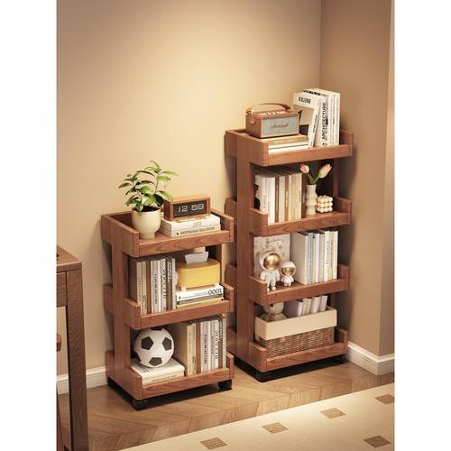 全实木书架置物架落地简易客厅沙发边几家用可移动收纳置物架花架