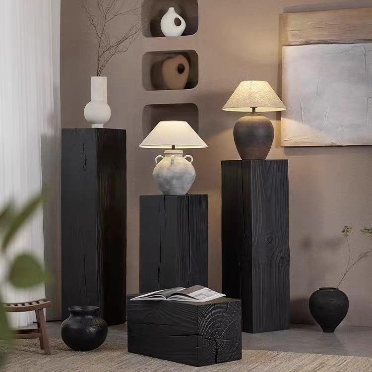 碳化木墩玄关摆件根雕花架艺术展台底座角几实木方形木墩子侘寂风