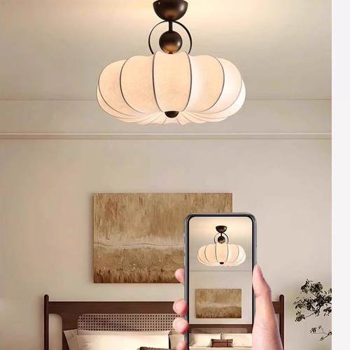 中古风卧室灯覆古侘寂风彷蚕丝布艺南瓜灯护眼全光谱儿童房间灯具