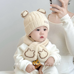 婴儿帽子秋冬季针织毛线帽围巾套装可爱超萌宝宝男冬天保暖套头帽
