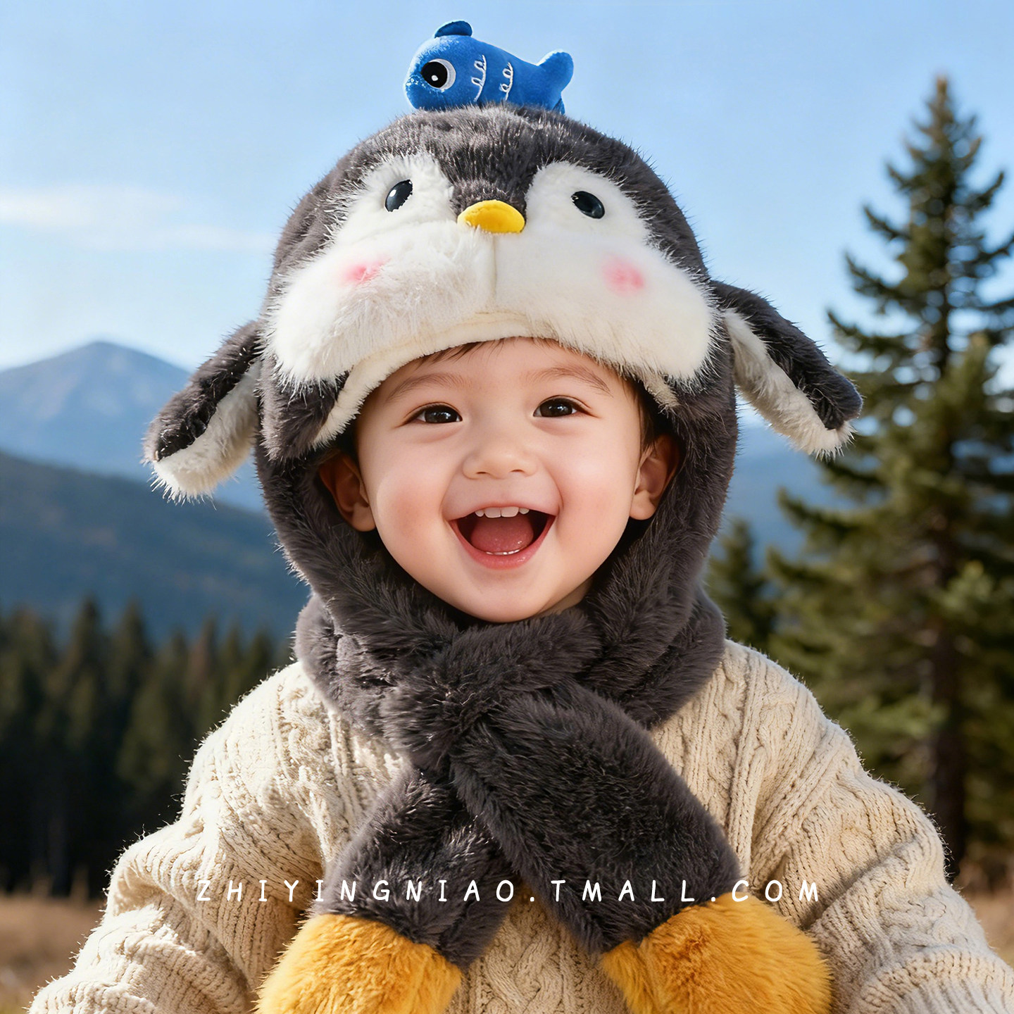 儿童帽子围巾一体帽秋冬季男宝宝毛绒加厚防风企鹅保暖婴儿护耳帽,童装/婴儿装/亲子装,帽子,淘宝优惠券,粉丝福利购,淘宝优惠卷