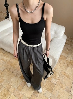 司南 自带胸垫一体 拼接皮扣修身显瘦大U领吊带背心打底 SN6818