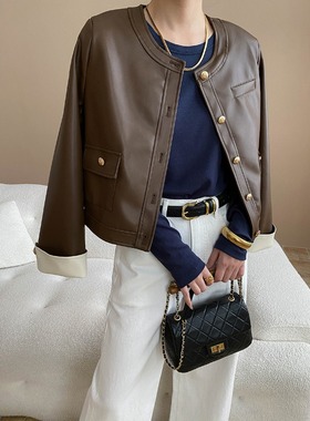 司南 早秋新款 撞色袖口设计感圆领哑光PU皮衣外套短款 SN7802