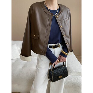 司南 早秋新款 撞色袖口设计感圆领哑光PU皮衣外套短款 SN7802