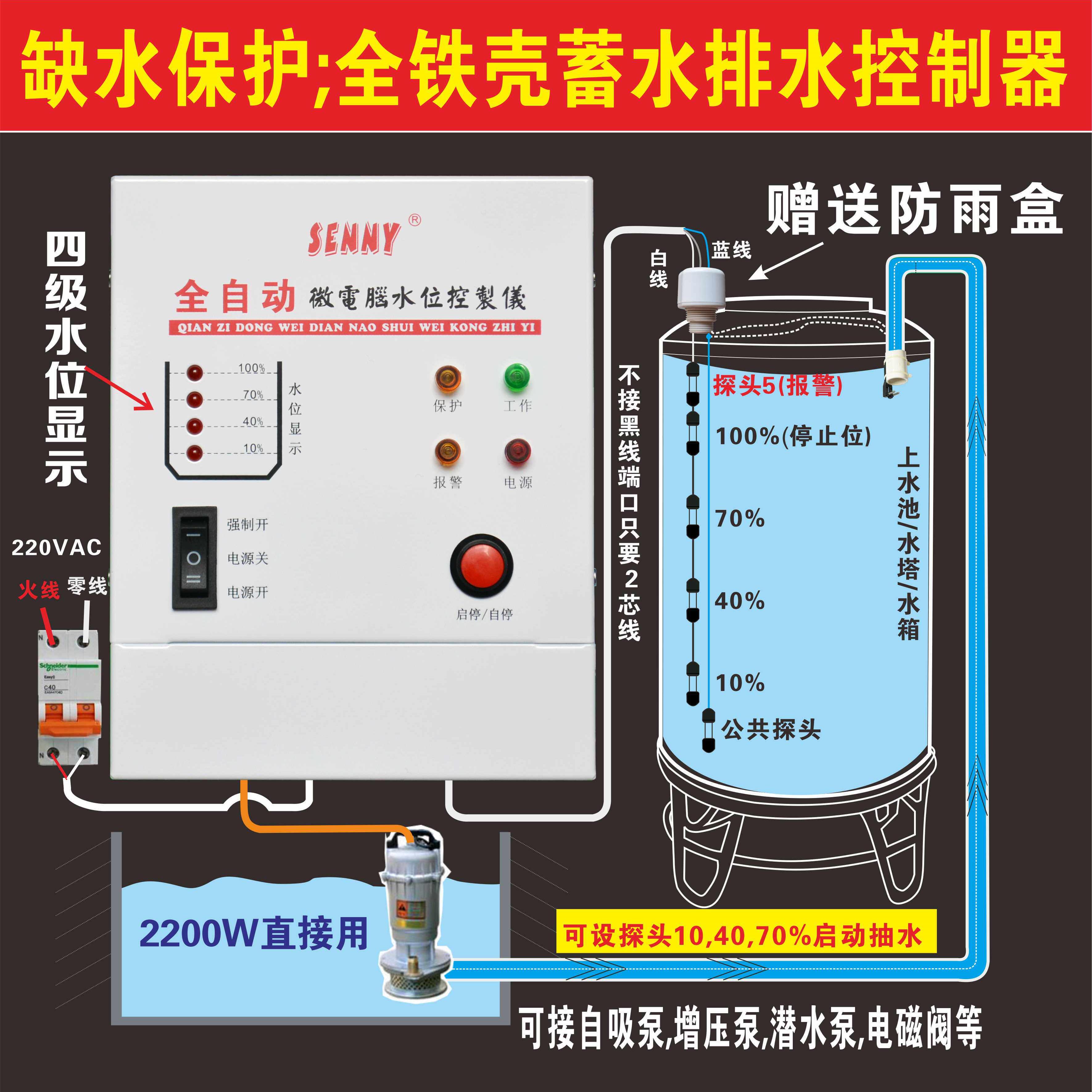 水塔自动水位控制器支援20米讯号线具缺水保护与防爆型设计
