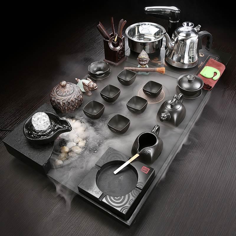 流水雾化乌金石茶盘简约功夫茶具套装家用陶瓷紫砂大号茶台全自动