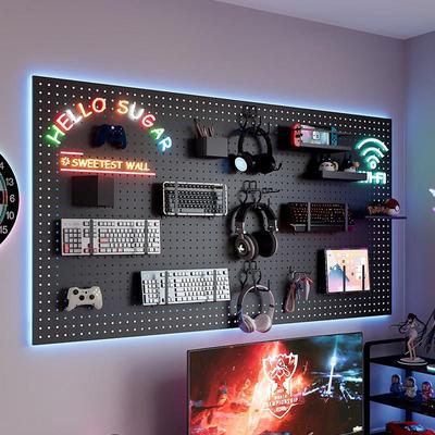 电竞房金属洞洞板置物架 墙上电脑桌墙面收纳气氛灯带装饰展示架