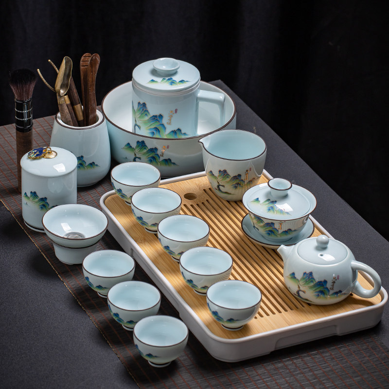 青瓷功夫茶具家用中国陶瓷茶壶办公室接待无障碍豪华全套茶盘盖碗