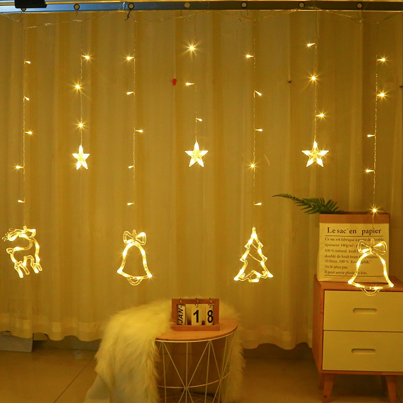 跨境新款LED小鹿铃铛窗帘灯彩灯闪灯串灯圣诞节日装饰led灯串