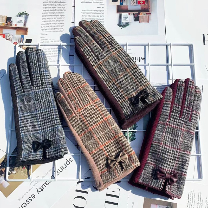 保暖呢绒骑行手套触屏触屏撞色手套蝴蝶结格子分指手套保暖棉手套