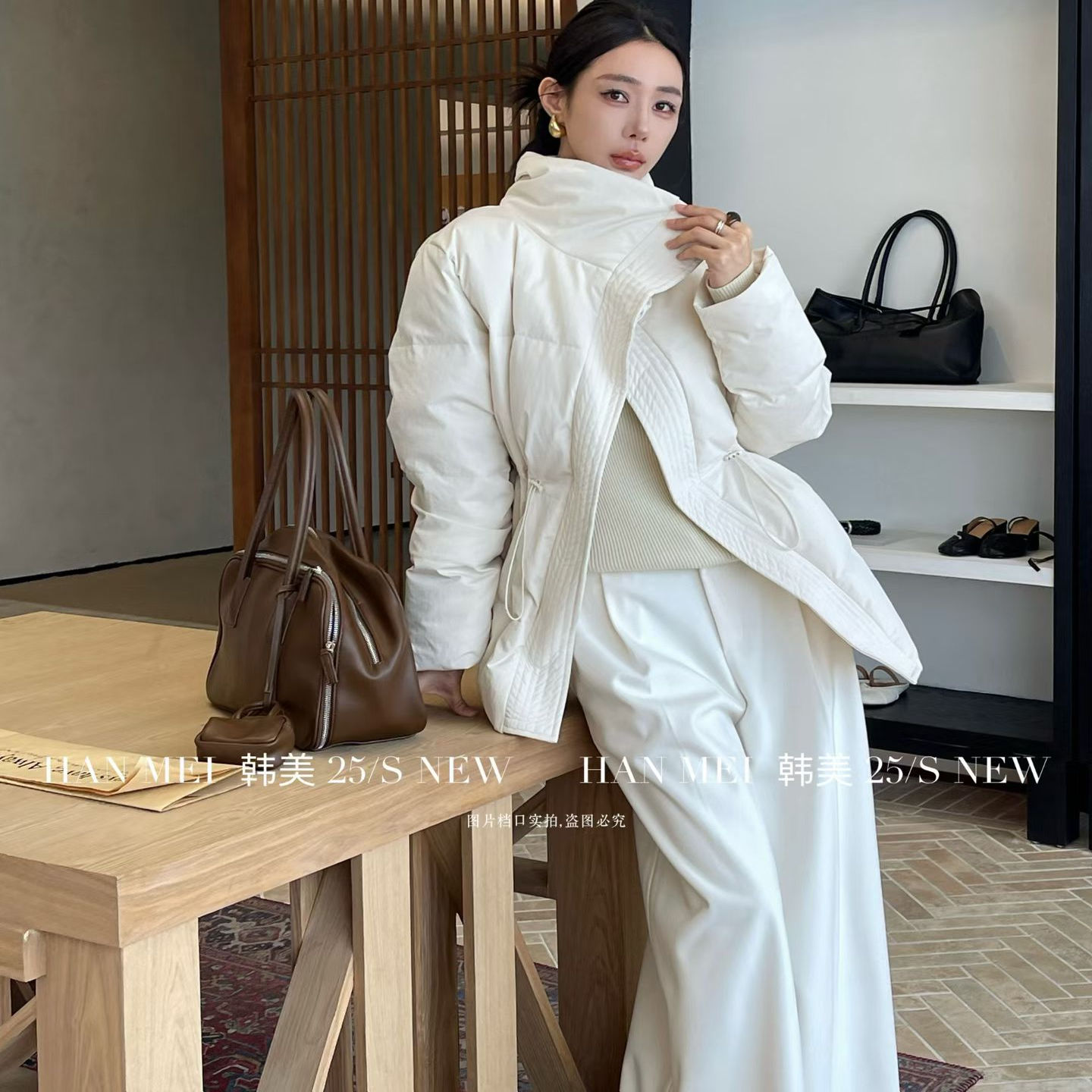 韩版时尚翻领抽绳收腰羽绒服外套