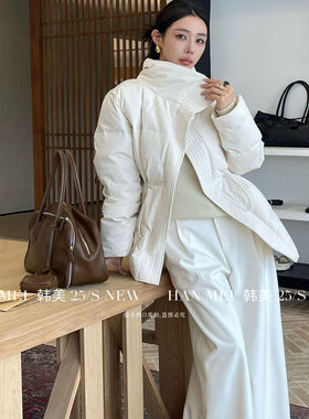 韩美现货2025冬季新款韩版时尚翻领抽绳收腰羽绒服外套S68555W578