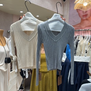 V领长袖 十三行现货2025秋冬新款 修身 时尚 针织毛衣S68496W100 韩版