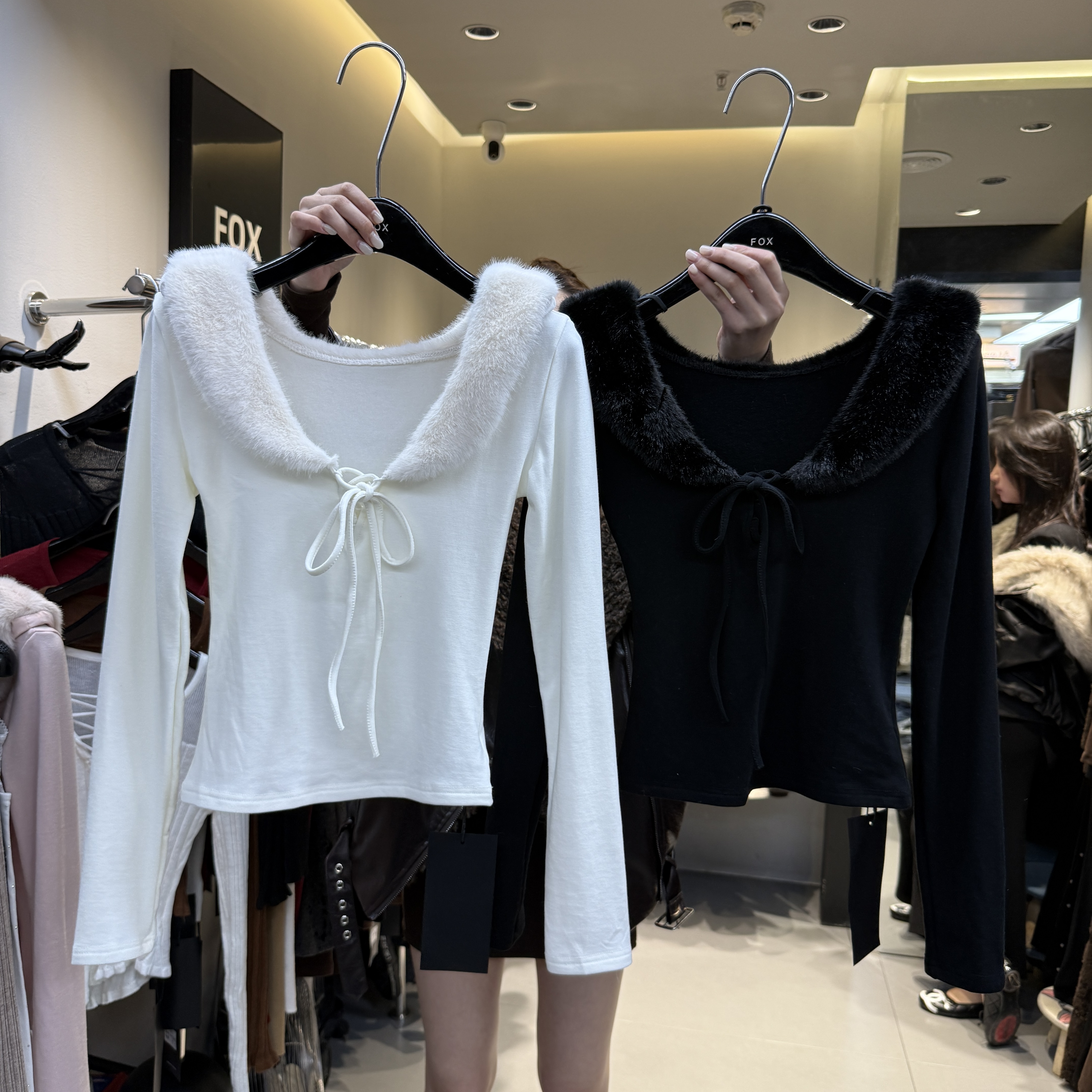 韩版V领毛领加绒长袖T恤打底衫