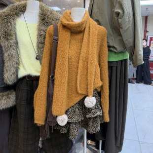 复古慵懒风毛衣＋毛球围巾s68933w156 韩版 十三行拿货2025冬季 新款