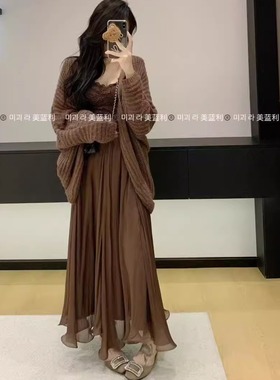 十三行现货2025秋新款时尚蕾丝吊带针织衫+半身裙套装S68172W356