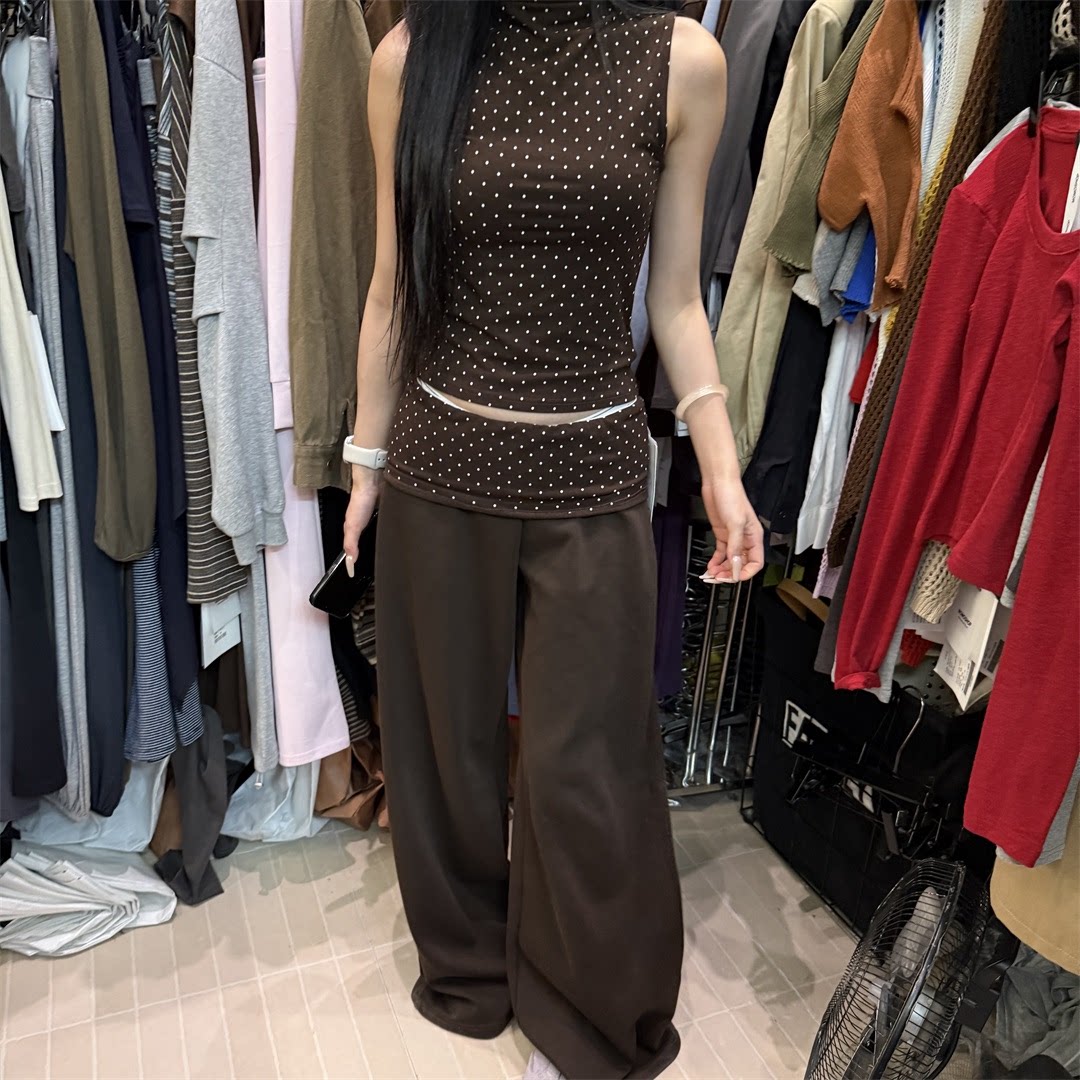 韩版辣妹波点上衣拼接阔腿裤套装