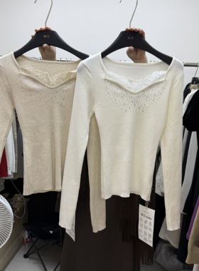 十三行拿货2025冬新款韩版V领蕾丝边重工烫钻针织毛衣s68931w145