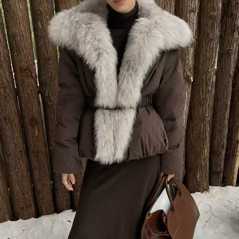 韩版毛领大翻领收腰短款羽绒服