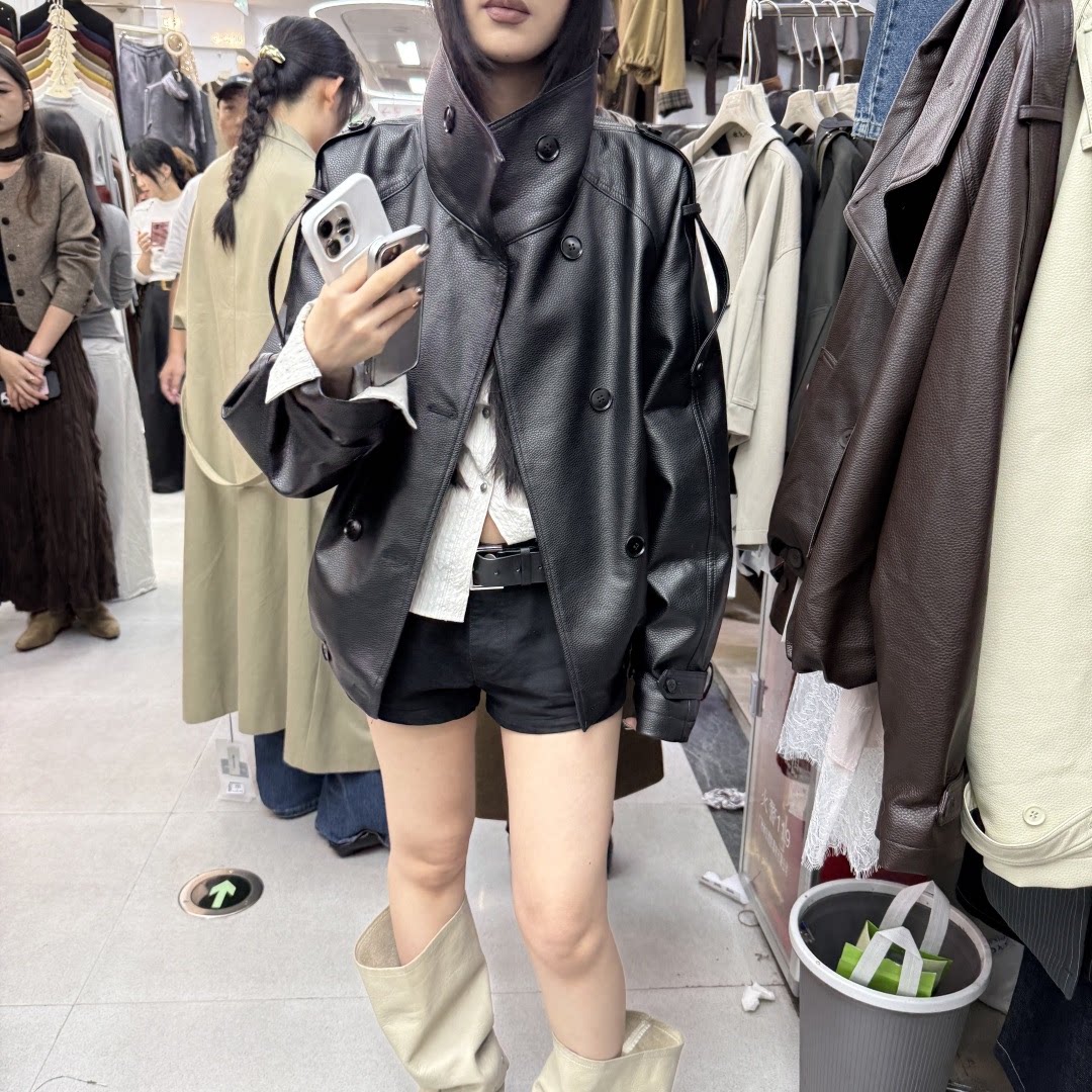 韩版时尚气质翻领双排扣皮衣外套