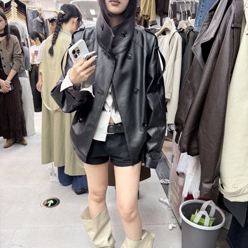 韩版时尚气质翻领双排扣皮衣外套