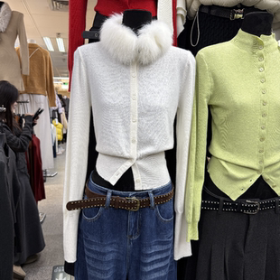 温柔风单排扣毛领修身 韩版 毛衣s68634w200 新款 十三行现货2025冬季