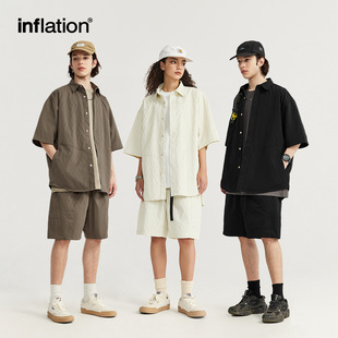 日系潮牌工装套装春夏新品肌理菱形提花格子衬衫宽松潮牌短裤男士