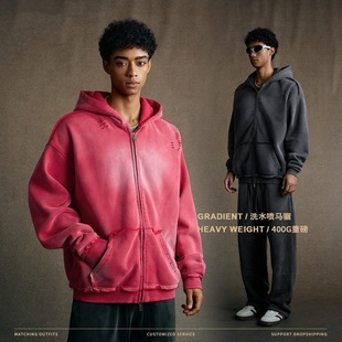 美式潮牌高街水洗做旧连帽卫衣秋冬新品喷马骝散边拉链开衫外套男