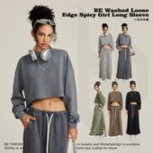 辣妹长袖 秋冬新品 380G水洗散边短款 T恤街头ins潮牌复古圆领上衣女