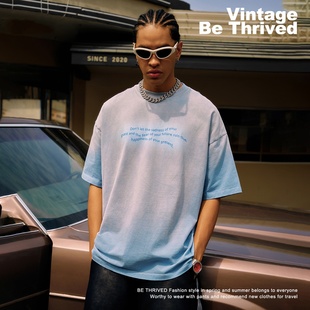 美式街头复古水洗重磅小领口短袖t恤春夏款高街渐变色体恤上衣男