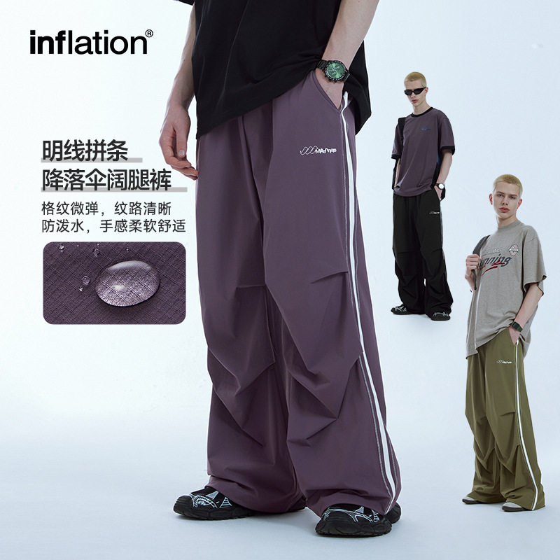 街头潮牌明线拼条降落伞阔腿裤春夏新品美式复古休闲运动直筒裤男