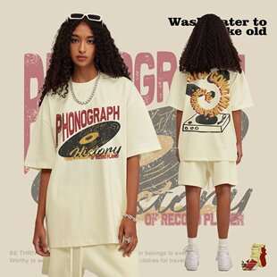 INF春夏新品305G美式复古留声机印花圆领短袖宽松街头潮牌T恤男士