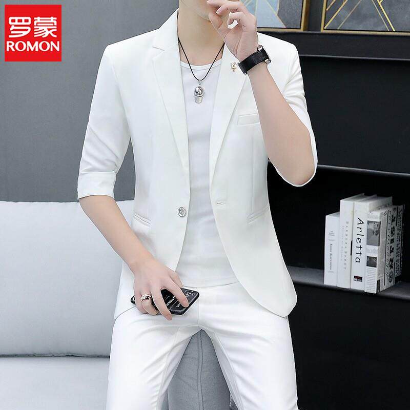 罗蒙夏季七分袖西服套装男士韩版修身中袖薄款男装外套休闲小西装