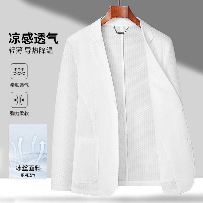 罗蒙夏季休闲西服男士高级感轻奢泡泡纱商务冰丝外套免烫单件西服