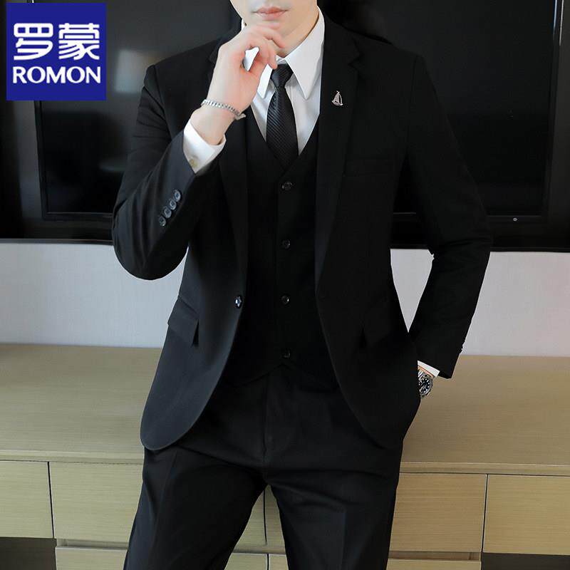 罗蒙黑色西服套装男士修身伴郎结婚正装礼服商务休闲西装外套