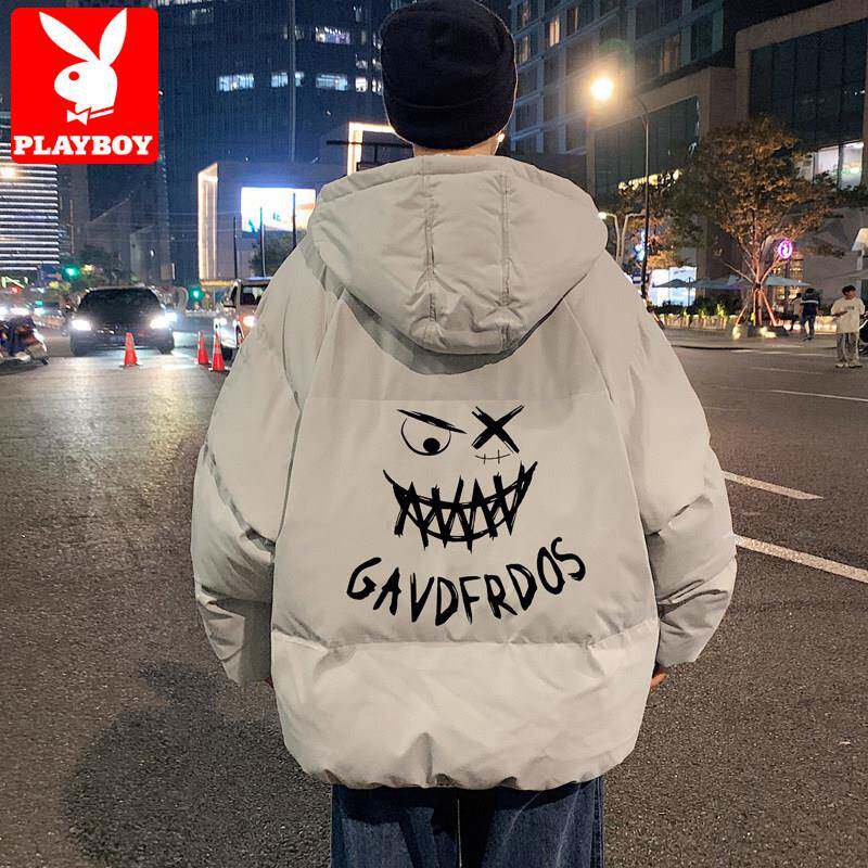 花花公子羽绒棉服男士冬季加厚加绒面包服潮牌连帽痞帅气棉衣外套
