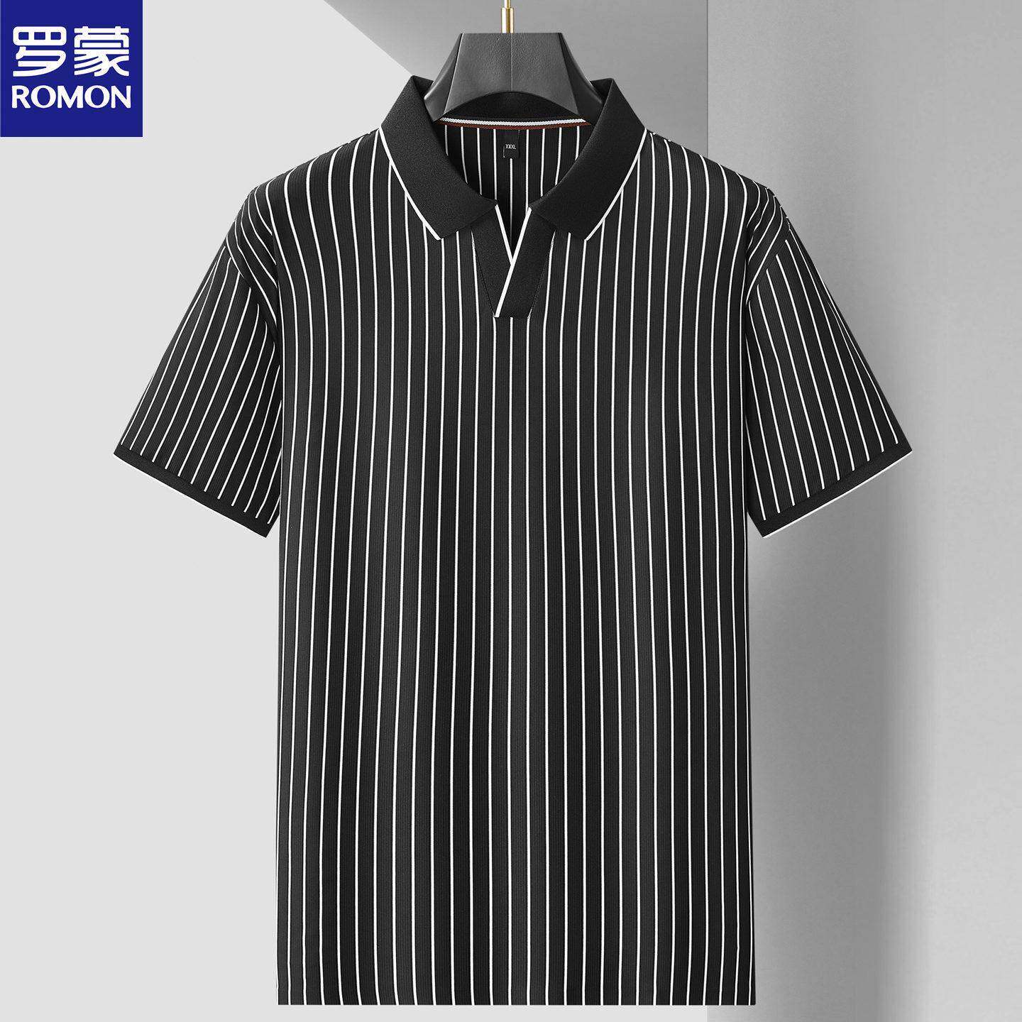 罗蒙夏季大码男士冰丝短袖T恤宽松胖子翻领竖条纹凉感显瘦POLO衫t