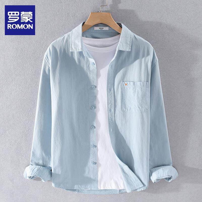 罗蒙男士长袖衬衫春秋季纯棉简约日系休闲百搭上衣服青年衬衣外套