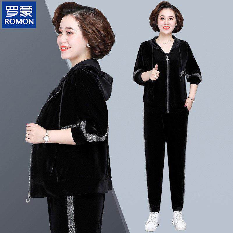罗蒙中老年运动服 秋冬加绒加厚女装金丝绒套装 连帽拉链设计