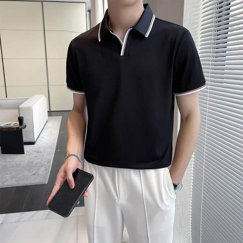 夏季撞色翻领短袖POLO衫男韩版修身青年高端桑蚕丝商务休闲V领T恤